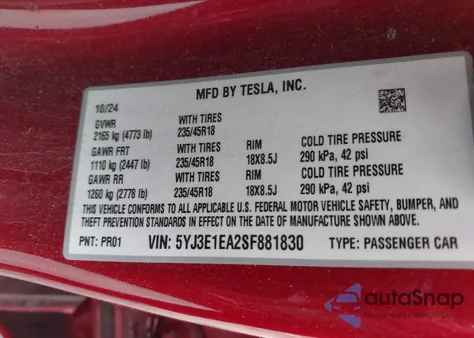 2025 Tesla Model 3 Long Range Rear-Wheel Drive из США, поврежденный, VIN 5YJ3E1EA2SF881830